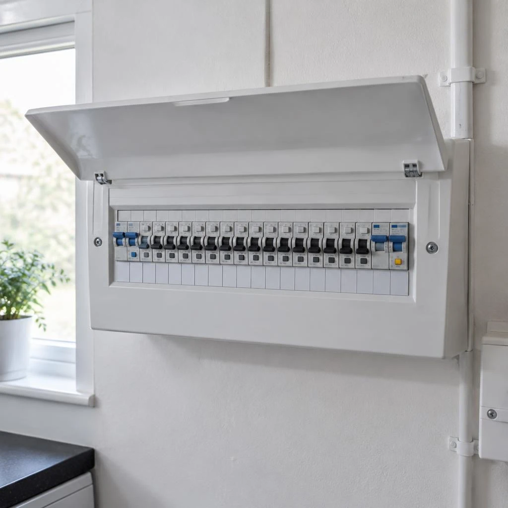 Modern white consumer unit with circuit breakers on a domestic utility room wall